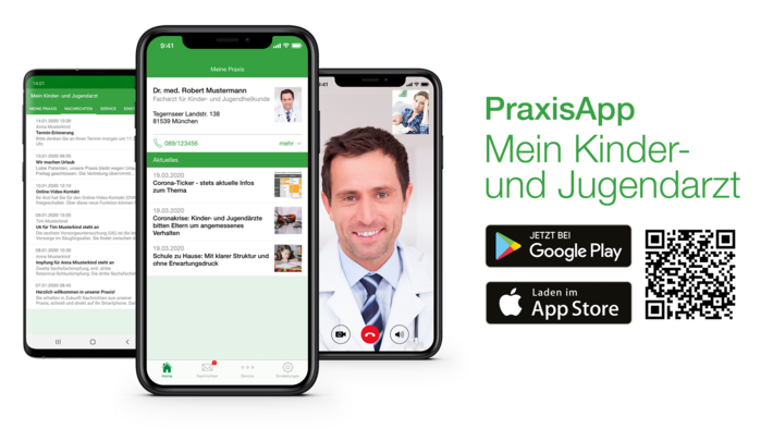 Darstellung der Praxisapp auf mobilen Geräten inklusive QR-Code und Downlooad-Links.